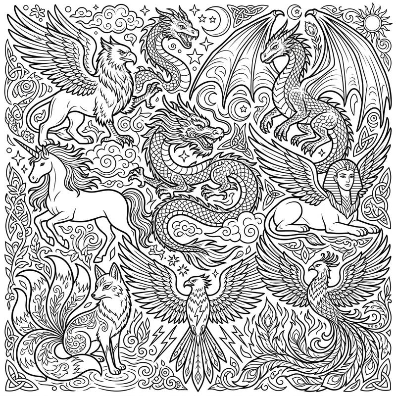 Embark on an epic coloring journey with this stunning page featuring an array of mythological creatures. Bring to life majestic dragons, elegant unicorns, and powerful phoenixes with your favorite colors.