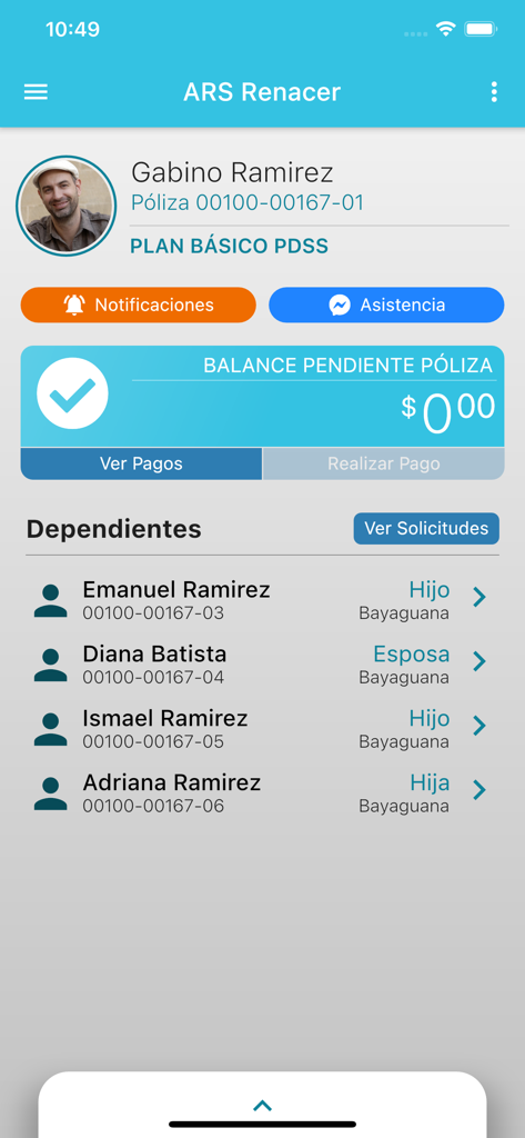 ARS Renacer - Panel de la aplicación móvil ARS Renacer mostrando el saldo de la póliza y los dependientes familiares