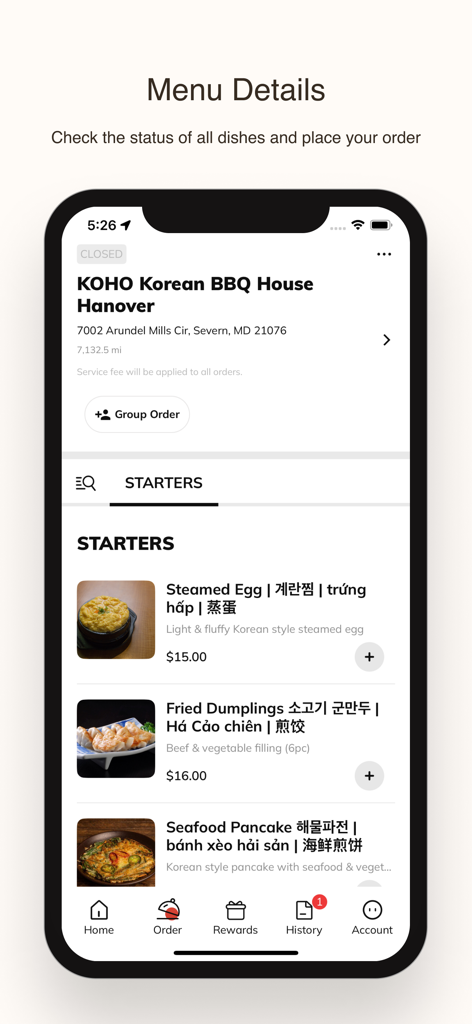 KOHO Korean BBQ House - KOHO Korean BBQ Houseアプリのインターフェース。蒸し卵や揚げ餃子などの料理が表示されたスターターメニューを表示