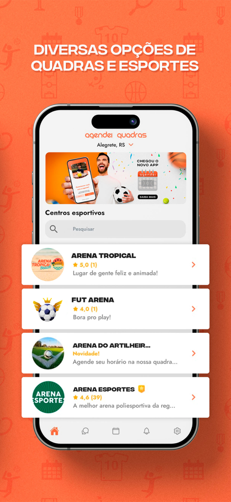 Agendei Quadras - Tela de smartphone exibindo o app Agendei Quadras com uma lista de diferentes arenas esportivas e opções de reserva.