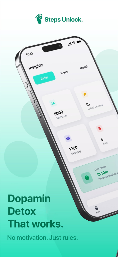 Smartphone displaying the Steps Unlock app insights screen with metrics for total steps and earned app unlocks for dopamine detox