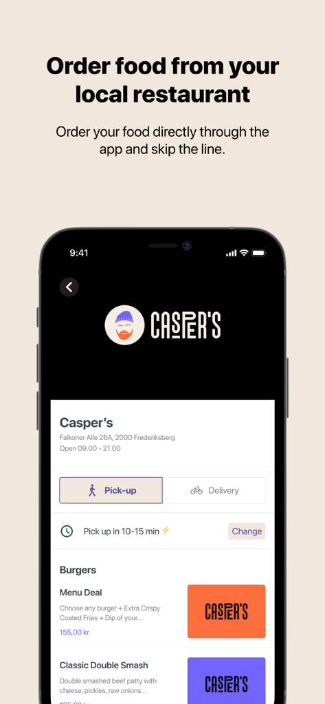 Smartphone screen showing the menu and ordering options in the Caspers burger app