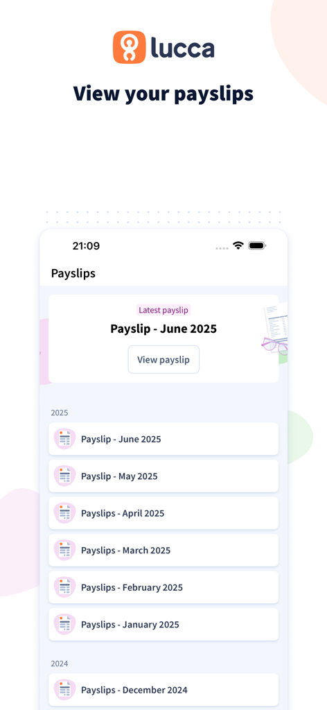Lucca HR - Tela do aplicativo Lucca HR exibindo uma lista cronológica de contracheques digitais para um funcionário