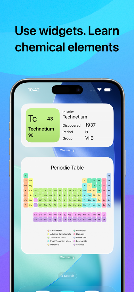 iPhone home screen displaying periodic table and chemical element widgets for chemistry learning