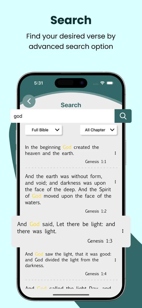 KJV Bible Audio - Holy Version - Interfaz de aplicación móvil mostrando resultados de búsqueda de la palabra Dios en la Biblia Versión King James