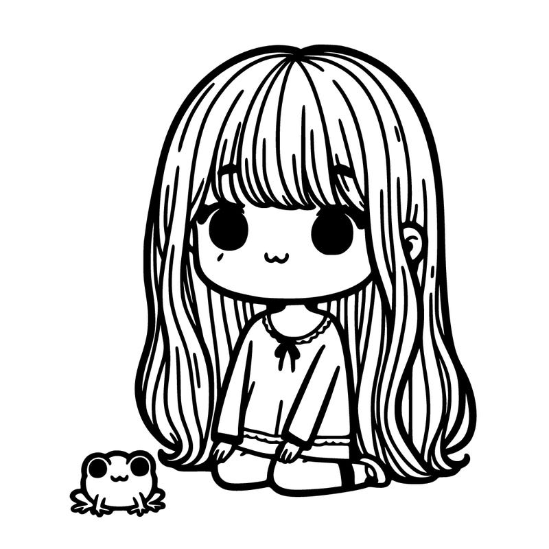girl with long hair bangs and tiny frog