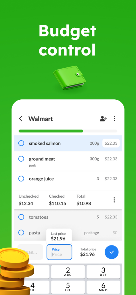 Listonic app interface showing grocery list items with price tracking and budget control features