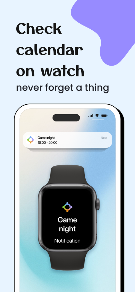 FamCal app showing a game night event notification synced between a smartphone and a smartwatch.