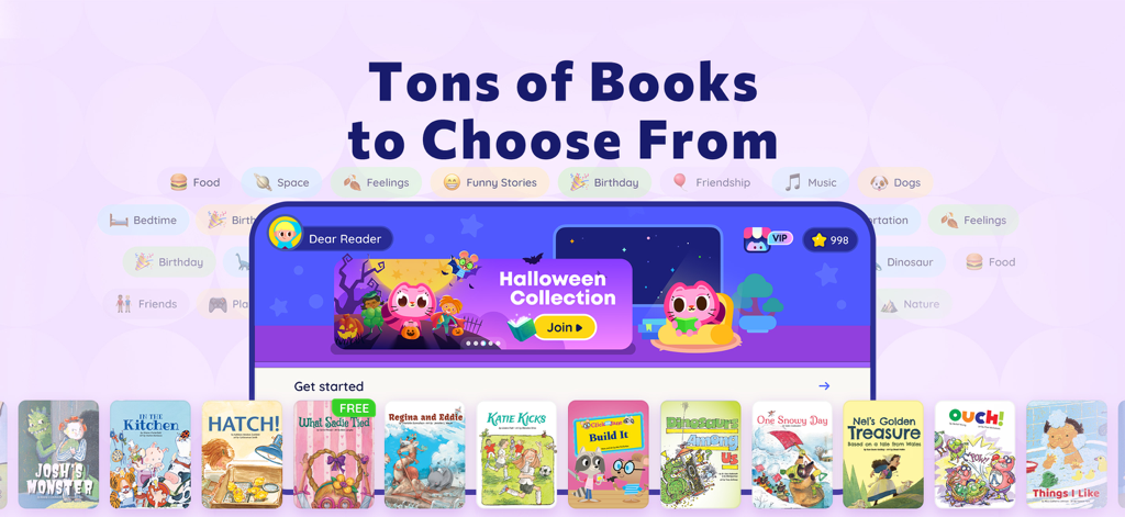 Reading Stars app interface displaying a wide variety of children's books and reading categories.