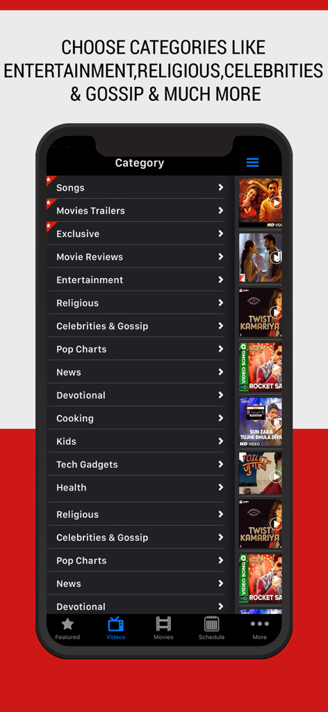 IndiaTVShowz - Bollywood App - A smartphone screen displaying a list of entertainment categories in the IndiaTVShowz app like Bollywood movies songs and news.