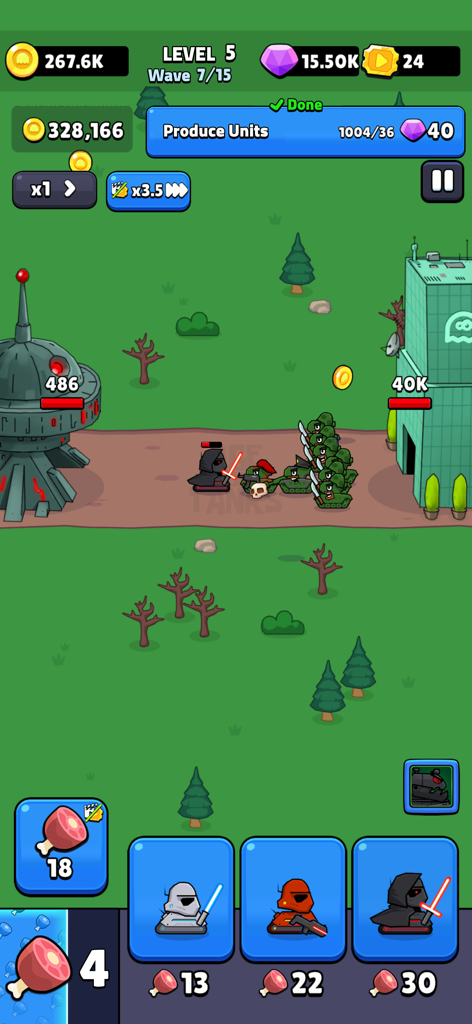 Age of Tanks Warriors: TD War - Gameplay screenshot of Age of Tanks Warriors TD War showing a futuristic 1v1 battle with stylized units and base towers.