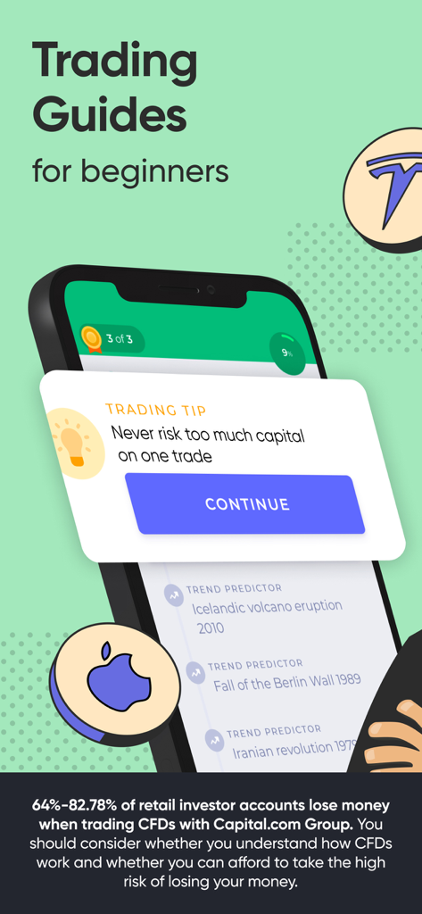 Investmate mobile app interface showing a trading tip card on a phone screen for beginners