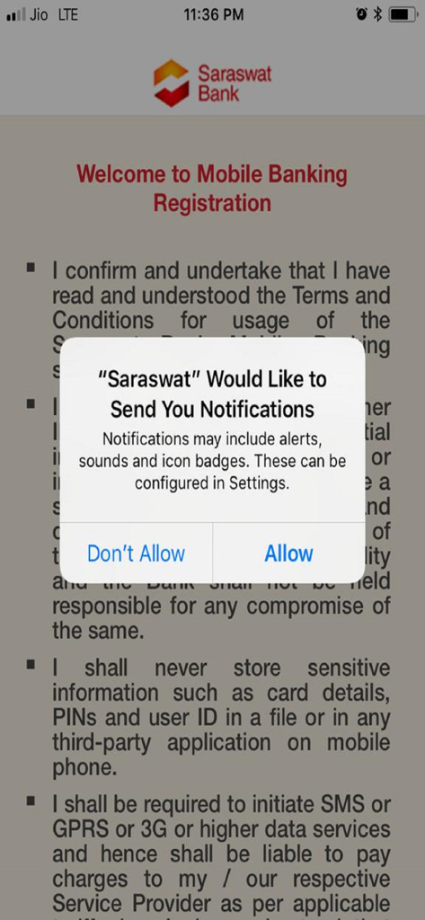 Saraswat Bank Mobile Banking - Saraswat Bank mobile banking registration screen with notification alert