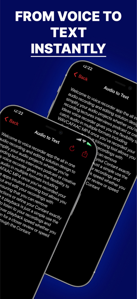 Voice Recorder : HD Recorder - Two iPhone screens displaying the instant audio-to-text transcription feature of the Voice Recorder app.