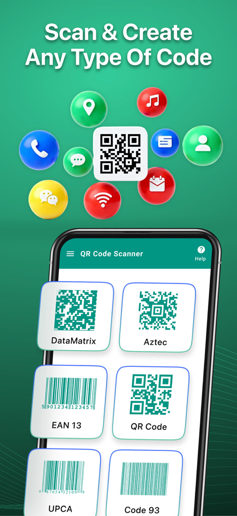 QR Code Scanner Pro - Scanify - Mobile interface of Scanify app showing various supported code formats like QR codes and barcodes for scanning and creation