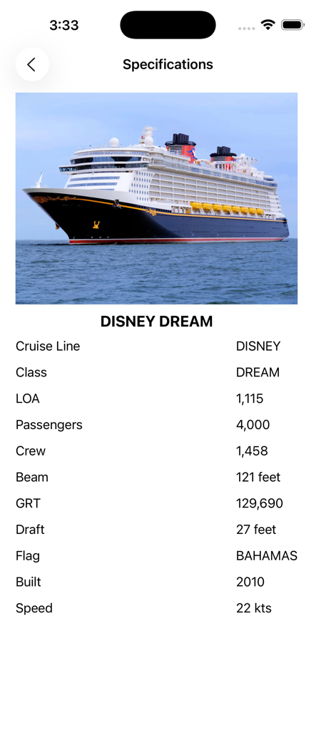 A mobile screen showing technical specifications and a photo of the Disney Dream cruise ship.