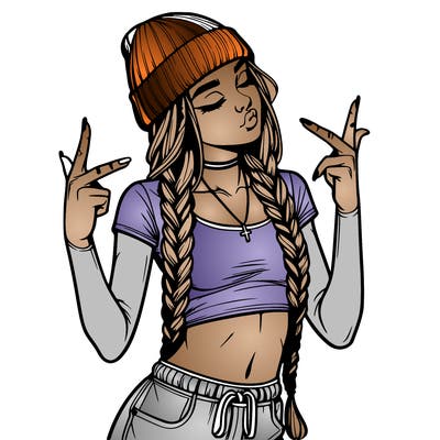 realistic teenage girl with braids and a beanie and crop top doing 🫶🏼