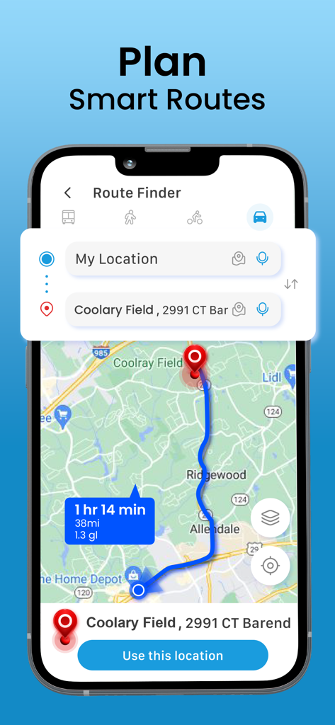 Pantalla de la aplicación RouteFinder mostrando una ruta de conducción planificada con tiempo de viaje y distancia en un mapa
