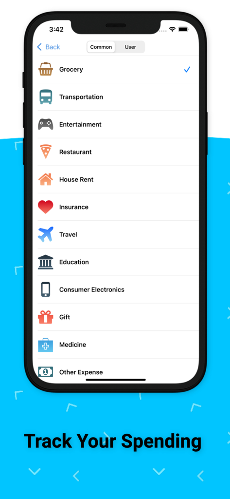 Money Tracker:Expense Tracker - A list of expense categories in the Money Tracker app including Grocery Transportation and Entertainment