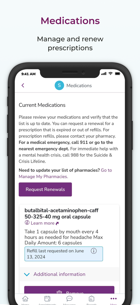 MyUPMC app interface showing current medications and prescription renewal request button