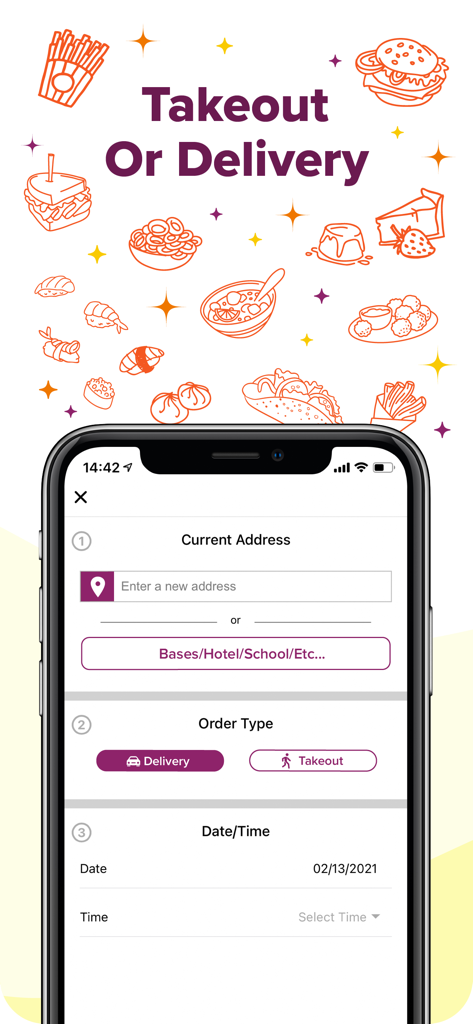 Easy Eats Delivery Service - Easy Eats mobile app screen for entering delivery address and choosing between delivery or takeout options