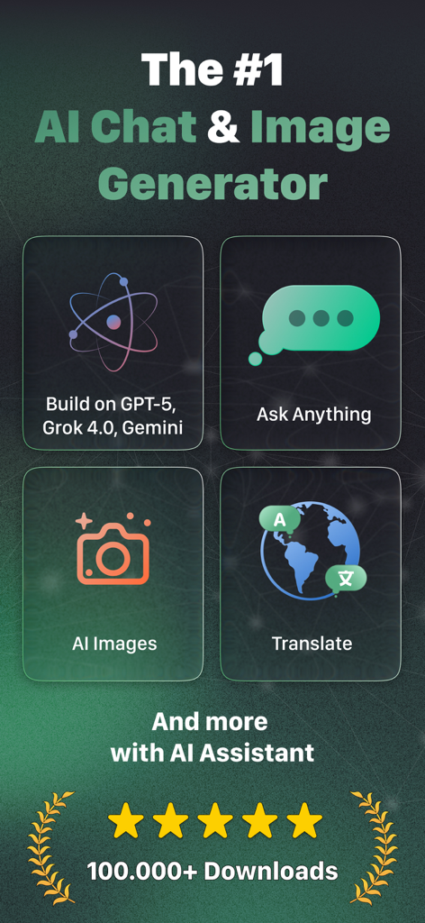 AI Chat 4.0: Open Chatbot 4o - Pantalla promocional de la aplicación AI Chat 4.0 que muestra características como generación de imágenes, traducción y modelos de IA avanzados con más de 100.000 descargas