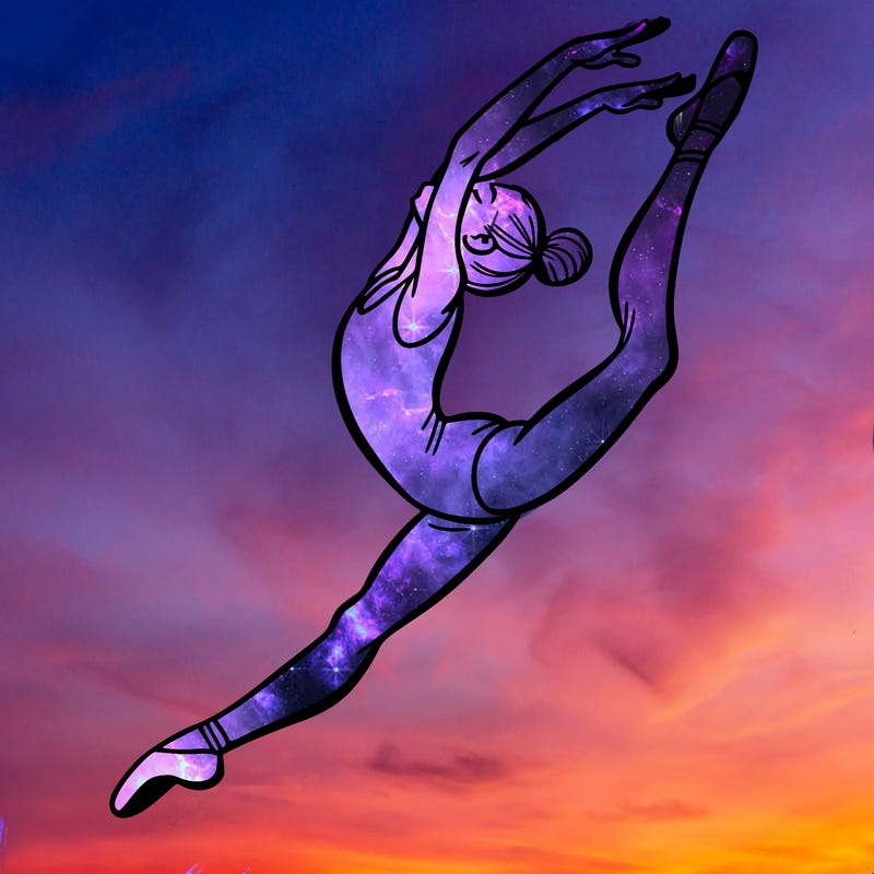 gymnast doing a leap in a leotard with a bent back leg