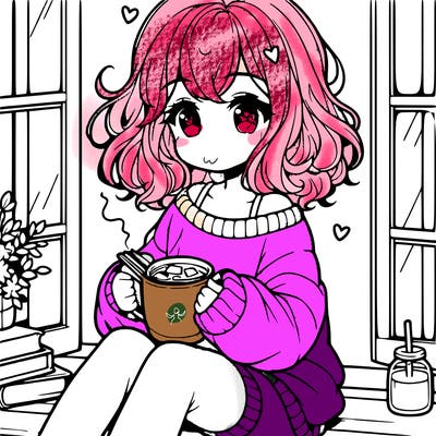 cute anime girl reading book and drinking hot chocolate from mug with loose wavy hair wearing a baggy sweatshirt and shorts sitting by windowsill looking out