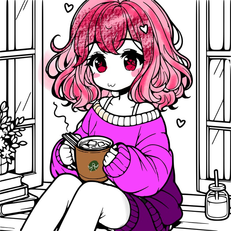 cute anime girl reading book and drinking hot chocolate from mug with loose wavy hair wearing a baggy sweatshirt and shorts sitting by windowsill looking out