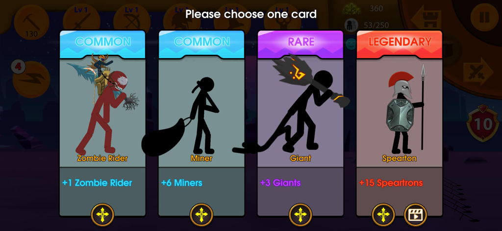 Stick Legions: Giant War - A game screen showing four unit cards for selection including Zombie Rider, Miner, Giant, and a Legendary Spearton.