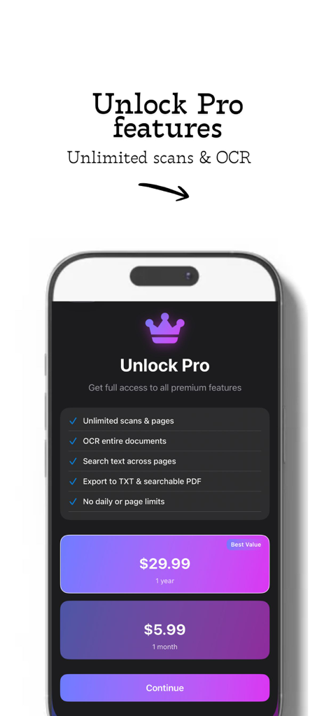 PDF Scanner & OCR - Schaltfläche 'Pro-Abonnement freischalten' für die PDF Scanner und OCR App, die Preise und Premium-Funktionen anzeigt