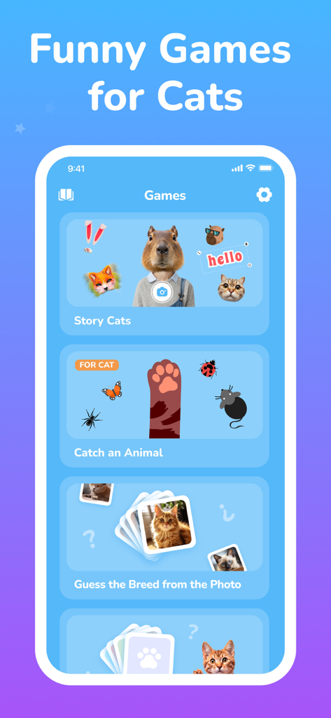 Cat Simulator - Сhat Meow - Mobile app interface showing funny games for cats including Story Cats and Catch an Animal