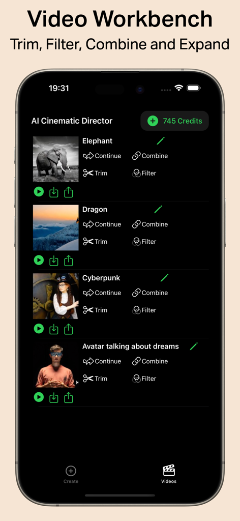 Cinematic AI: Create AI Videos - Interface of the Cinematic AI app Video Workbench showing a list of AI generated video projects with editing options like trim and filter.