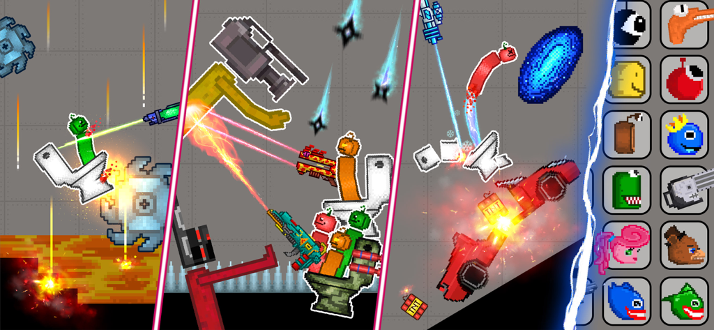 Monster Melon Playground Mod - Pixelated gameplay screenshot of Monster Melon Playground Mod showing chaotic combat with monster characters and weapons