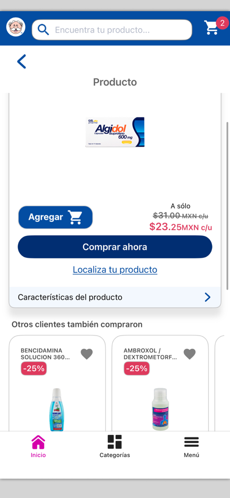 Farmacias de Similares App-Bildschirm mit Algidol Ibuprofen mit Rabattpreis und Kaufoptionen