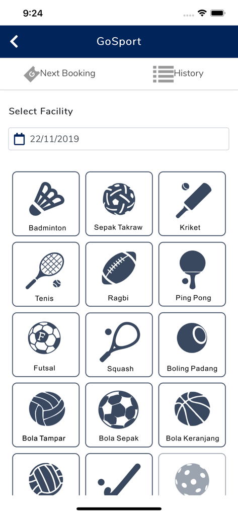 Interface of the GoNet app showing a grid of sports icons for facility booking including soccer basketball and tennis