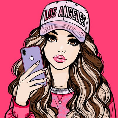 realistic beautiful girl wearing los ángeles cap holding an iphone