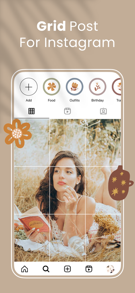 Maqueta de perfil de Instagram que muestra una foto dividida en un diseño de cuadrícula de 3x3.