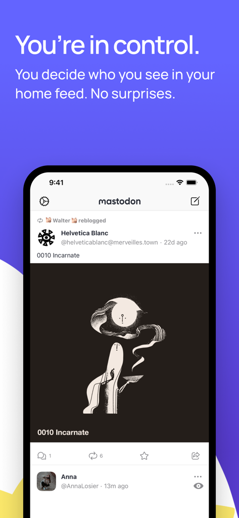 Mastodon-App-Oberfläche auf dem iPhone, die einen chronologischen Home-Feed mit einem Beitrag eines Künstlers zeigt.