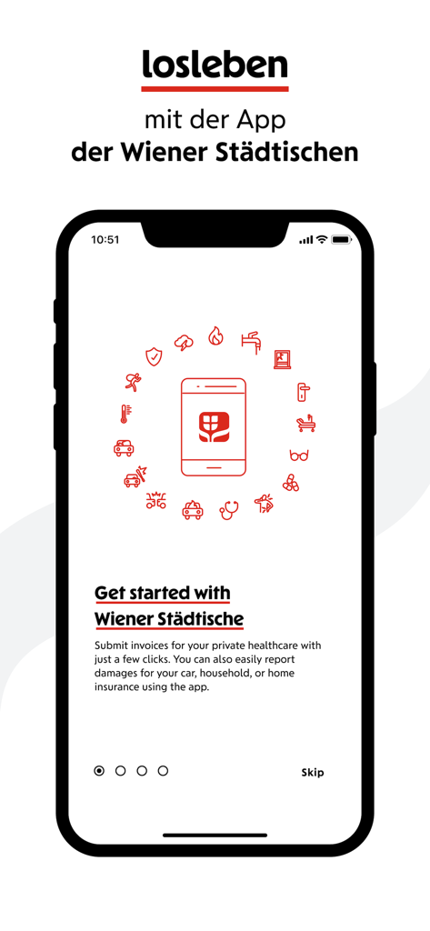 Schermata introduttiva dell'app losleben che evidenzia le funzionalità di denuncia sinistri per salute e proprietà