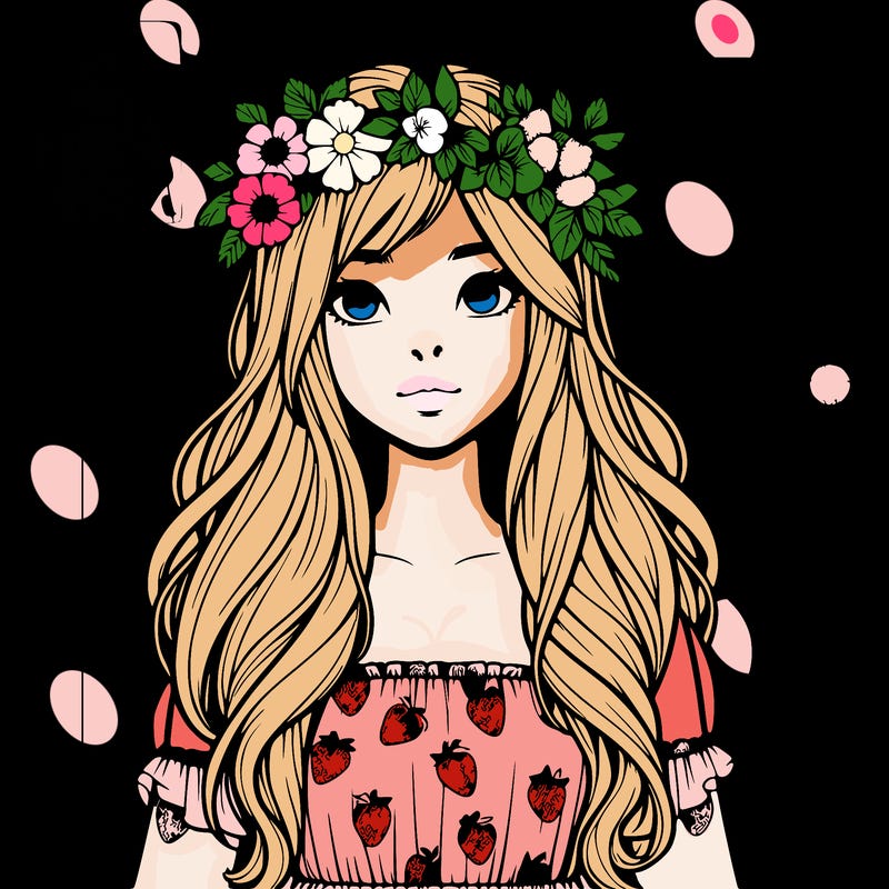 realistic girl with strawberry dress long hair and a flower crown