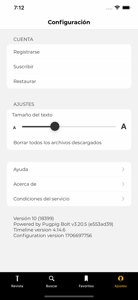 Conde Nast Traveler España - Settings menu of the Conde Nast Traveler España app featuring account registration and text size adjustments