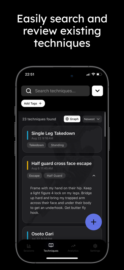 FlowRoll - BJJ Training Pal - FlowRoll app technique search screen showing Brazilian Jiu Jitsu moves and categories