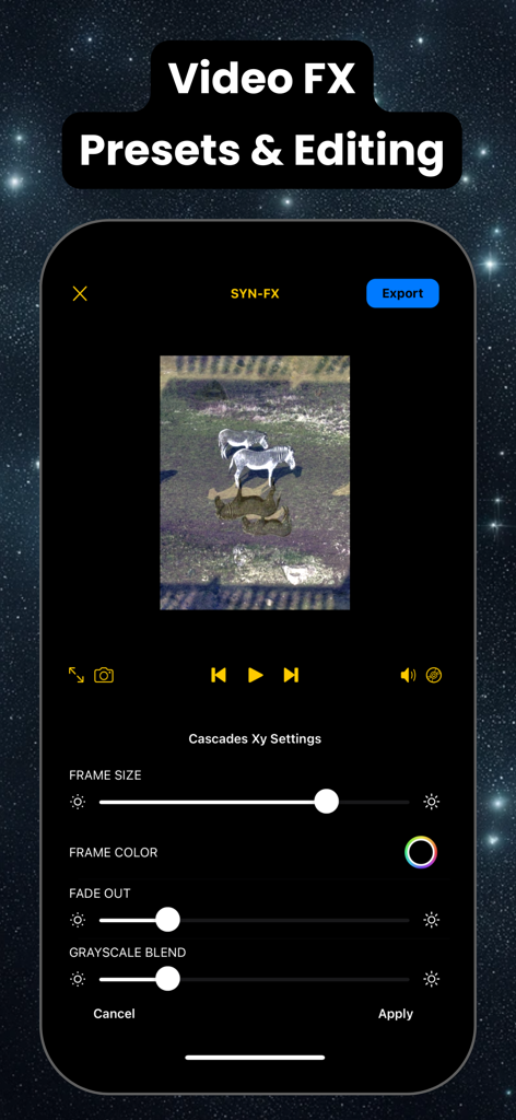 Syn-FX: Video Editor & Effects - Interface of the Syn-FX app showing fine-tuning controls for video effects and presets.