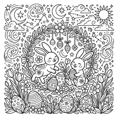 Combine the magic of celestial patterns with the joy of Easter in this delightful coloring page. Featuring happy bunnies, decorative eggs, and a starry spring sky, it's perfect for celebrating the season.