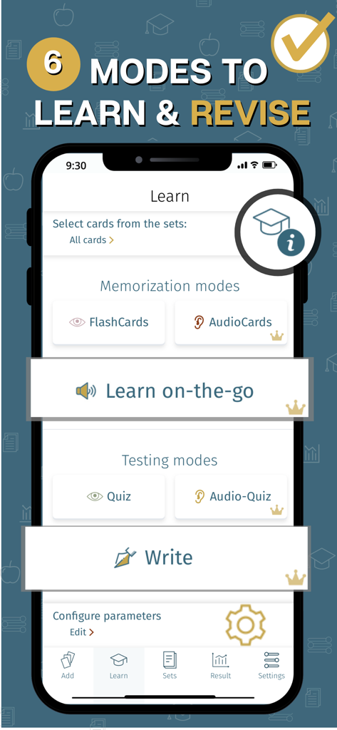 MemoWord app interface displaying six learning and testing modes for vocabulary memorization.