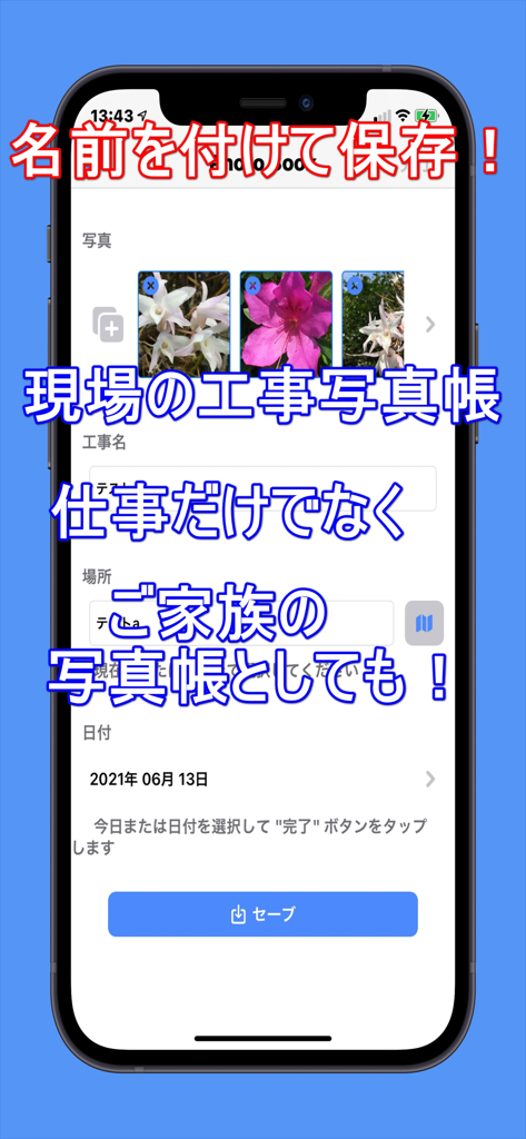 プロジェクトの詳細と日付が付いたデジタルアルバムに写真を整理するためのモバイルアプリインターフェイス