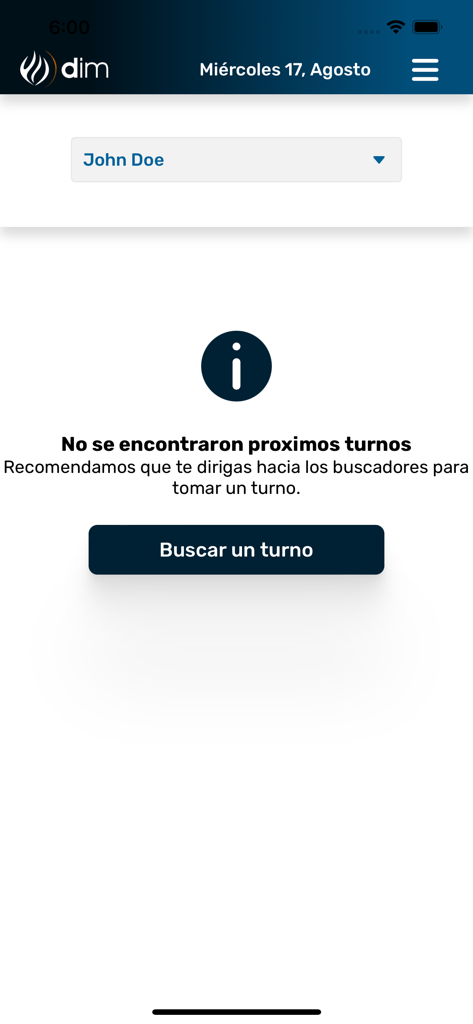 DIM SALUD Turnos y Resultados - Schermata dell'app DIM Salud che mostra nessun appuntamento imminente e un pulsante di ricerca.
