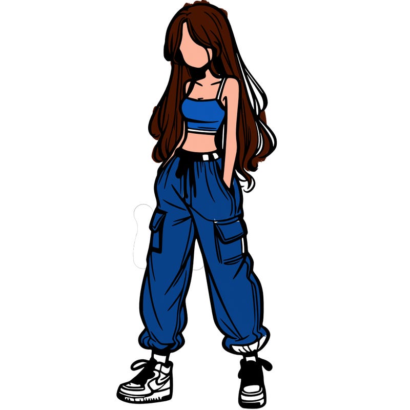 girl in baggy pants crop top and long hair