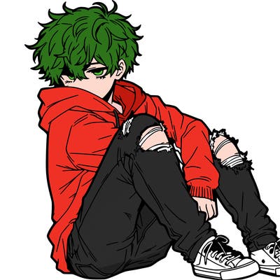 a male hoddie ripped jeans messy hair anime